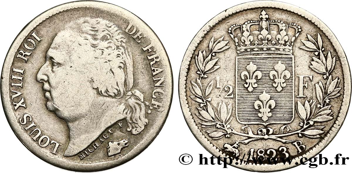 1/2 franc Louis XVIII 1823 Rouen F.179/35 TB20 