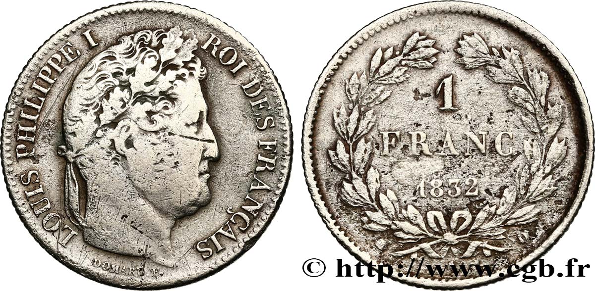 1 franc Louis-Philippe, couronne de chêne 1832 Lyon F.210/4 S 