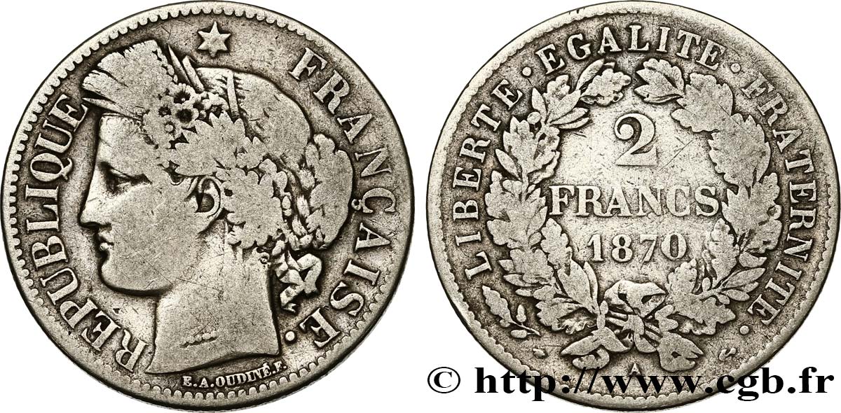 2 francs Cérès, avec légende 1870 Paris F.265/2 TB15 