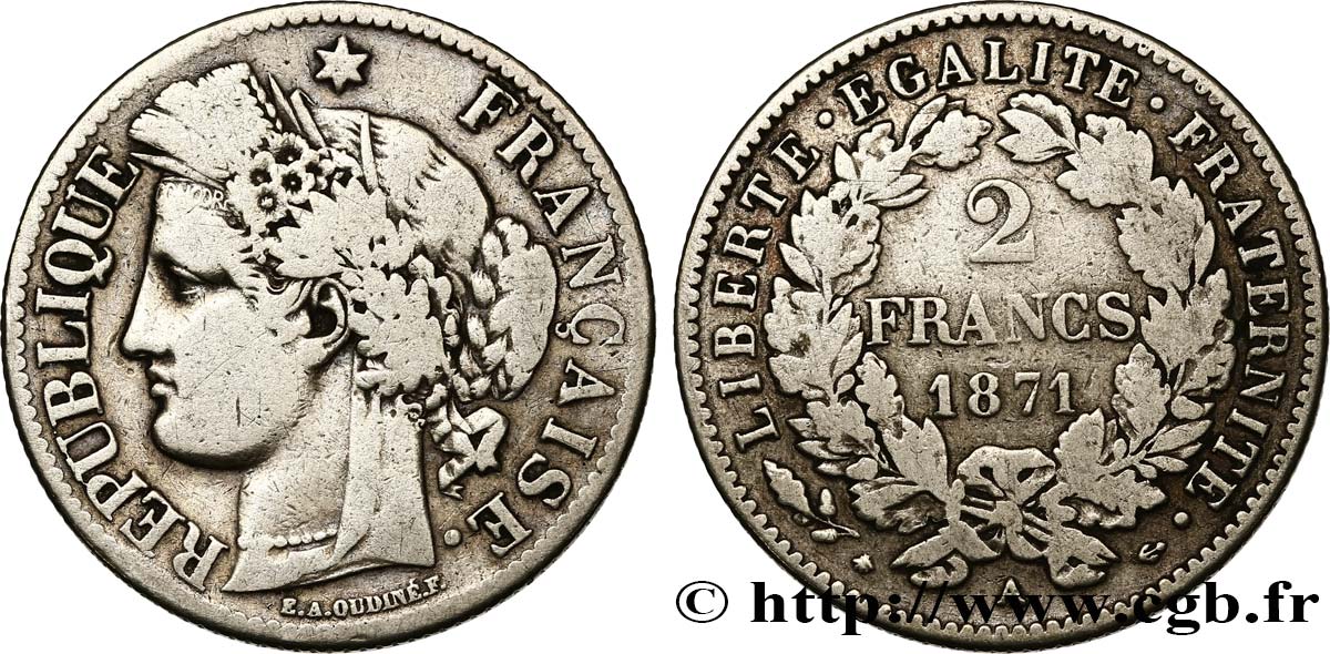 2 francs Cérès, avec légende 1871 Paris F.265/4 TB15 