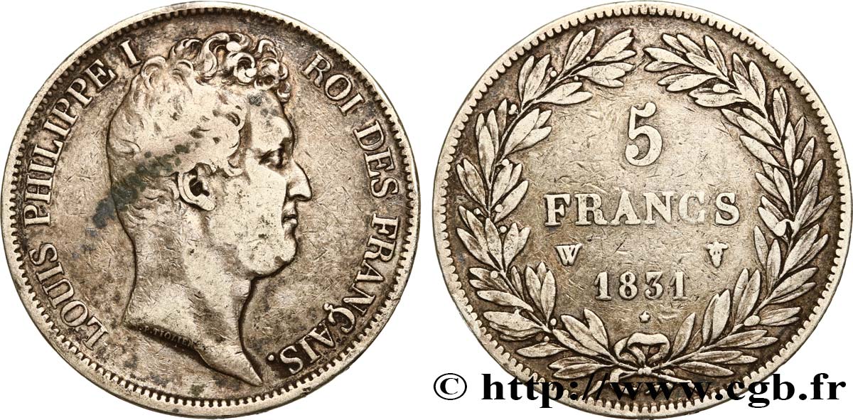 5 francs type Tiolier avec le I, tranche en creux 1831 Lille F.315/27 MB30 