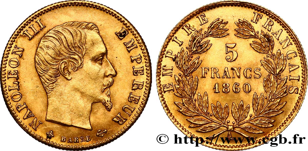 5 francs or Napoléon III, tête nue, grand module 1860 Paris F.501/11 VZ58 