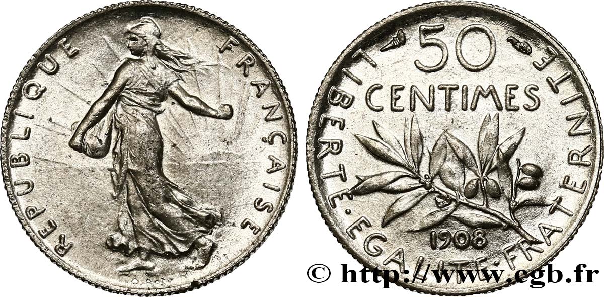 50 centimes Semeuse 1908 Paris F.190/15 SUP58 