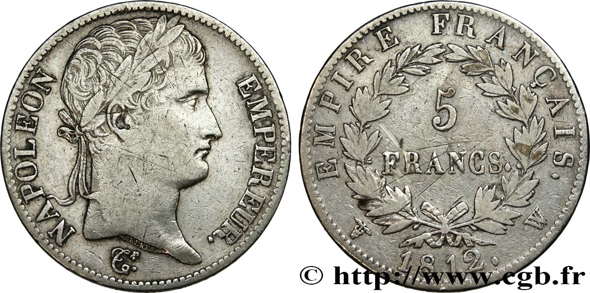 5 francs Napoléon Empereur, Empire français 1812 Lille F.307/57 BC+ 