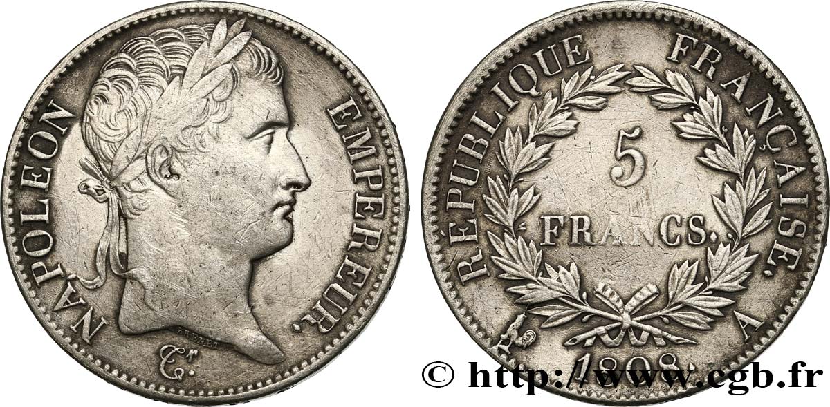 5 francs Napoléon Empereur, République française 1808 Paris F.306/2 XF40 