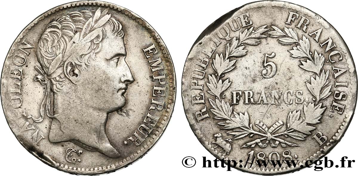 5 francs Napoléon Empereur, République française 1808 Rouen F.306/3 TB25 