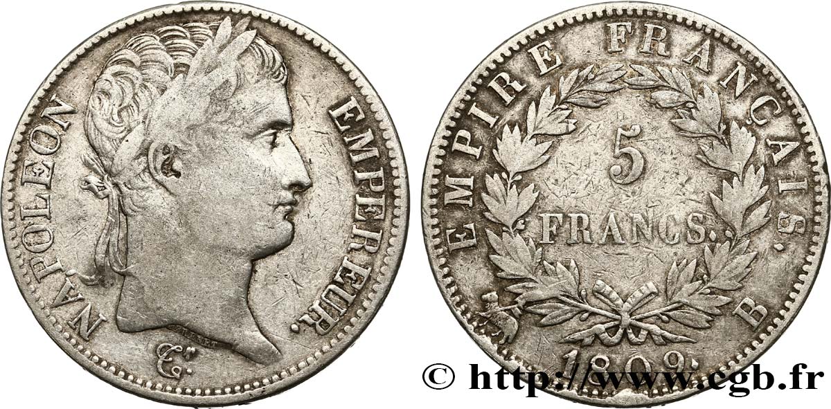 5 francs Napoléon Empereur, Empire français 1809 Rouen F.307/2 VF25 