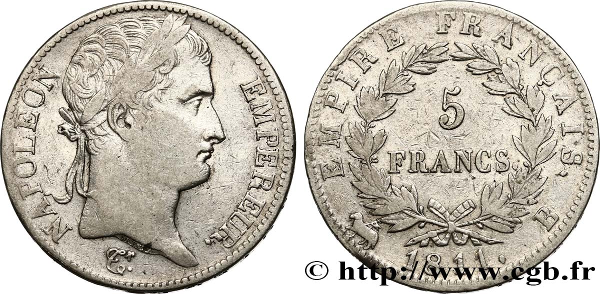 5 francs Napoléon Empereur, Empire français 1811 Rouen F.307/28 TB35 