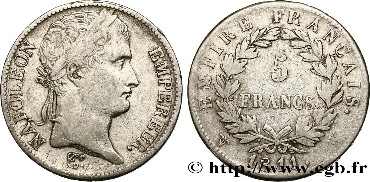 5 francs Napoléon Empereur, Empire français 1811 Lille F.307/40 TB25 