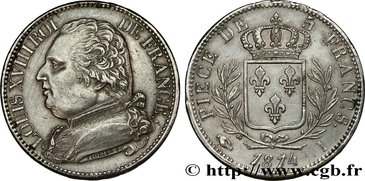 5 francs Louis XVIII, buste habillé 1814 Limoges F.308/6 AU 