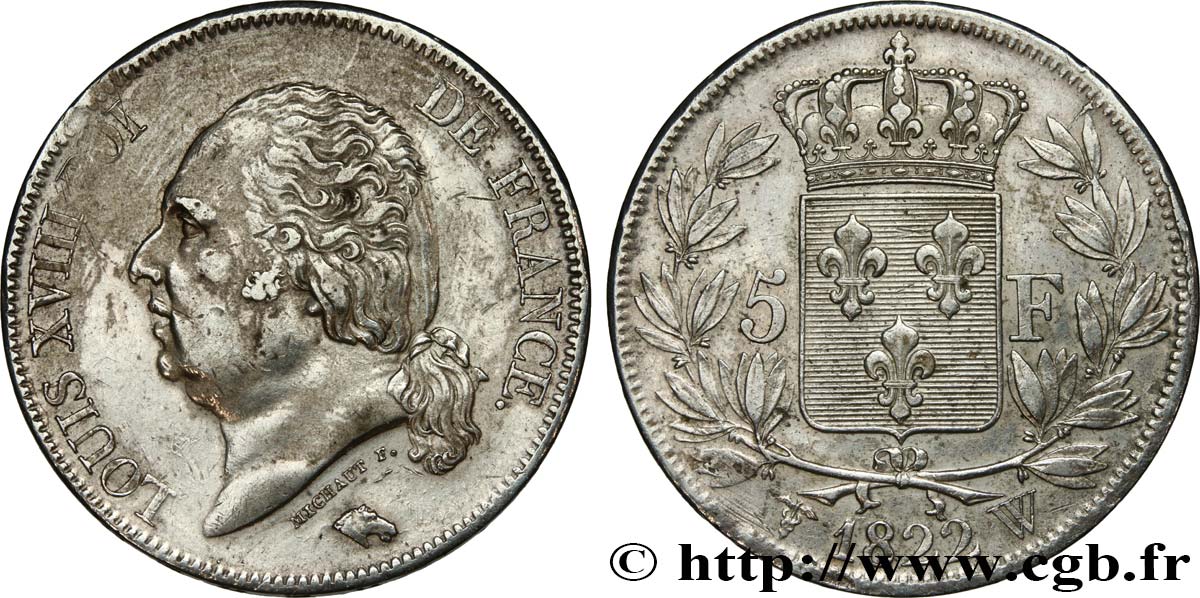 5 francs Louis XVIII, tête nue 1822 Lille F.309/75 AU 