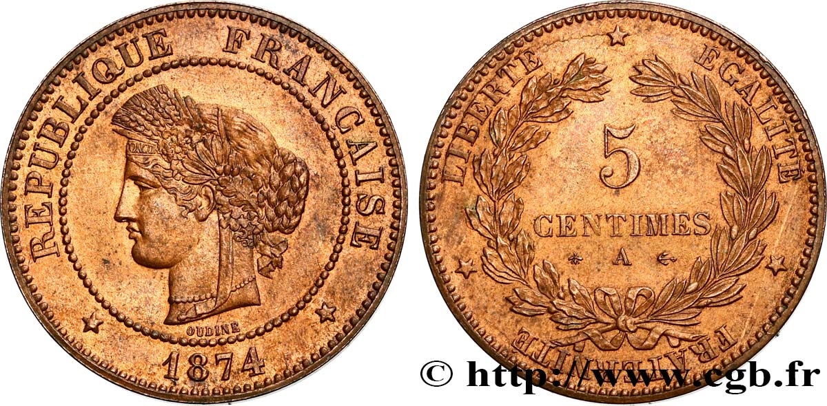 5 centimes Cérès 1874 Paris F.118/9 SPL62 