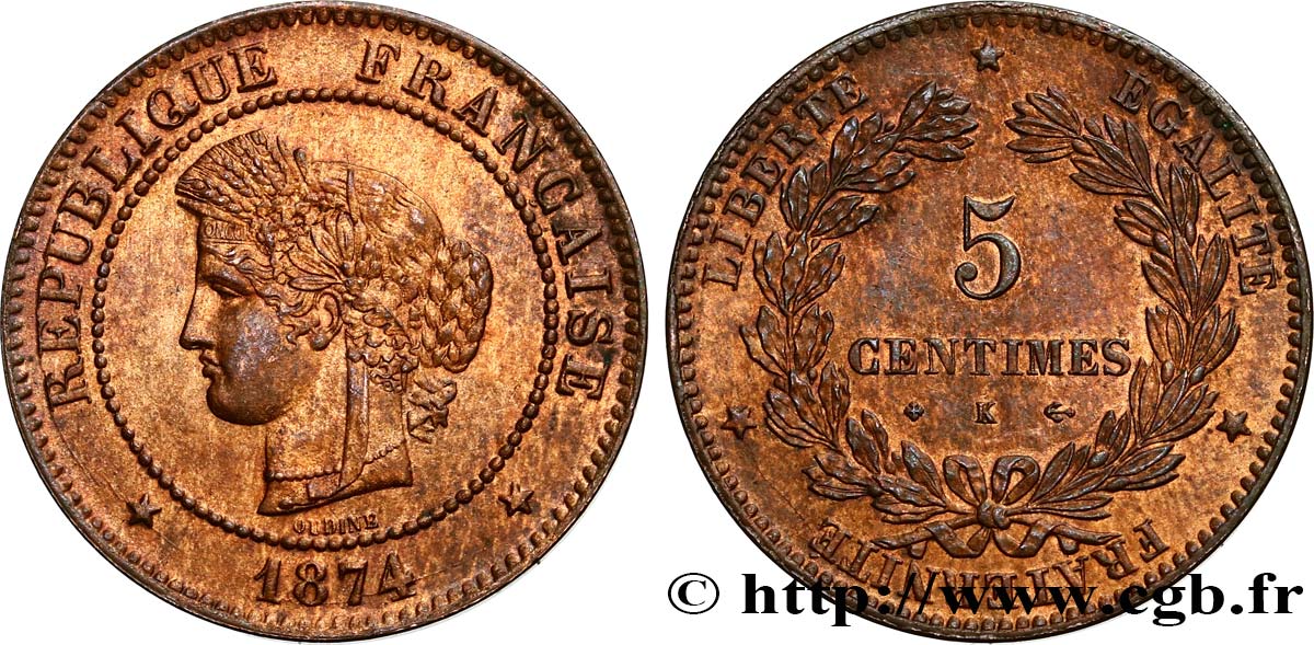 5 centimes Cérès 1874 Bordeaux F.118/10 VZ60 