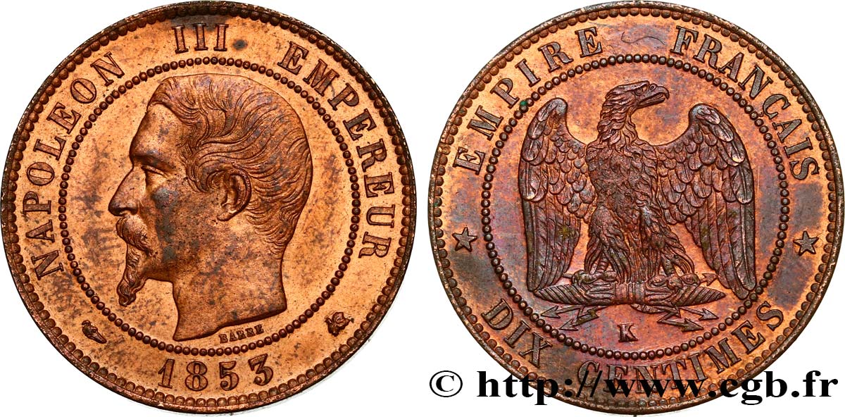 Dix centimes Napoléon III, tête nue 1853 Bordeaux F.133/7 SUP61 