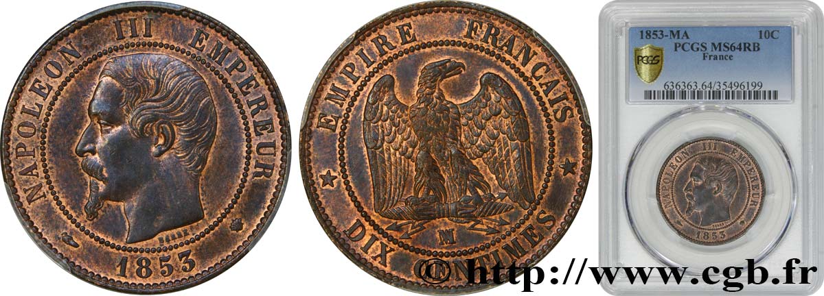 Dix centimes Napoléon III, tête nue 1853 Marseille F.133/8 MS64 PCGS