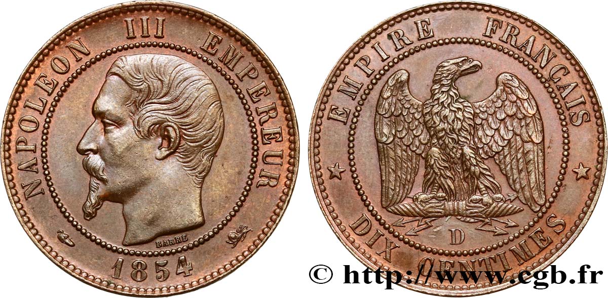 Dix centimes Napoléon III, tête nue 1854 Lyon F.133/15 AU58 