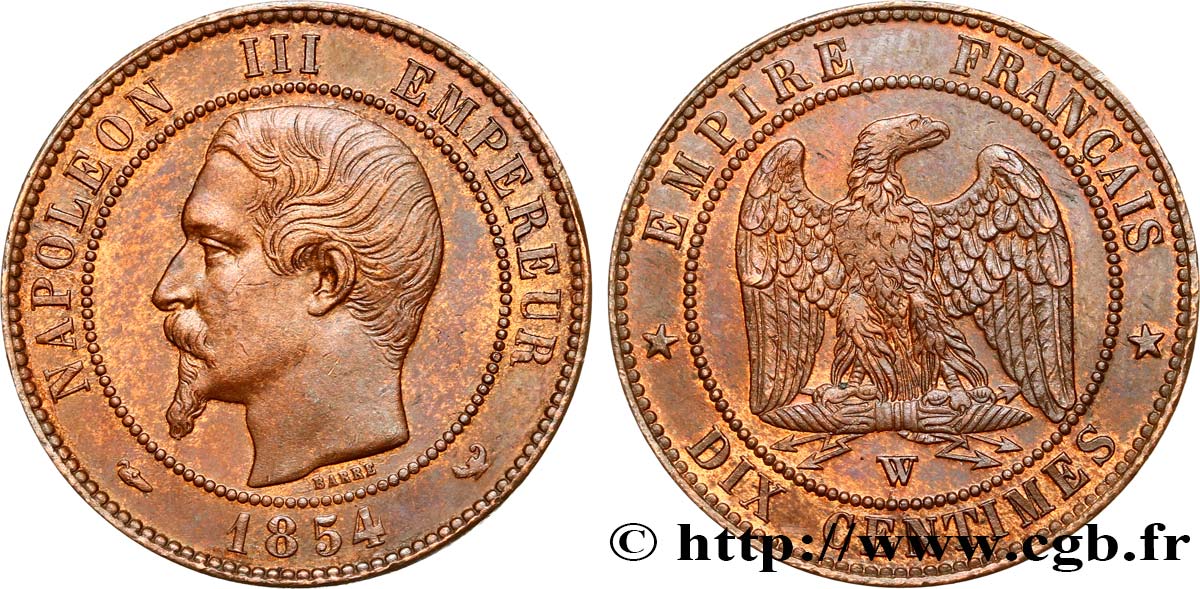 Dix centimes Napoléon III, tête nue 1854 Lille F.133/18 EBC58 