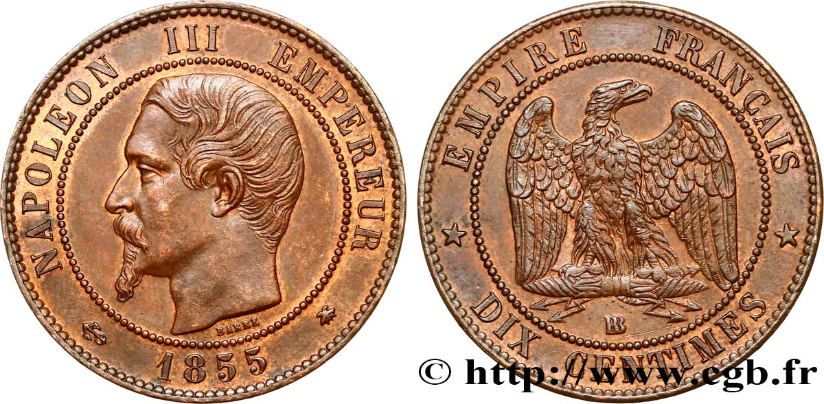 Dix centimes Napoléon III, tête nue, différent ancre 1855 Strasbourg F.133/24 AU55 