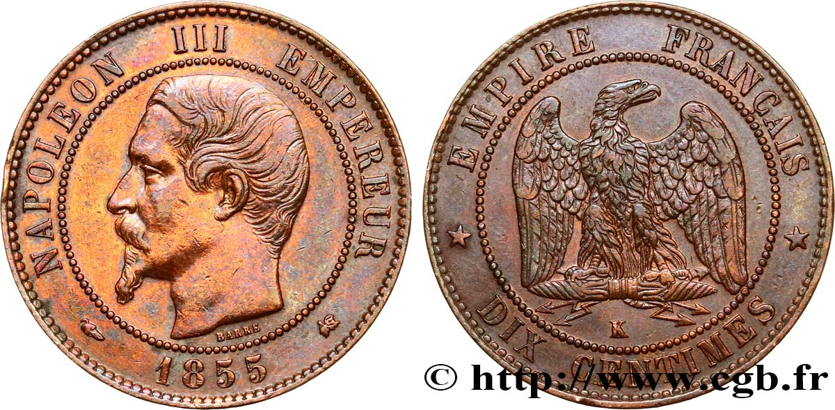 Dix centimes Napoléon III, tête nue 1855 Bordeaux F.133/27 MBC+ 