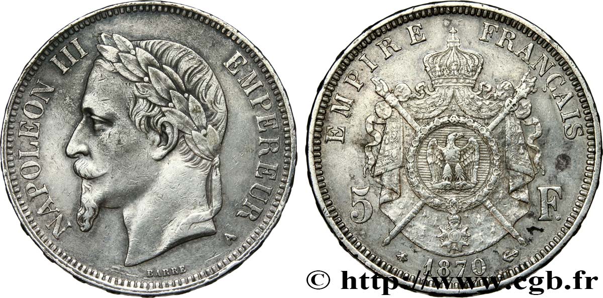 5 francs Napoléon III, tête laurée 1870 Paris F.331/16 BB 