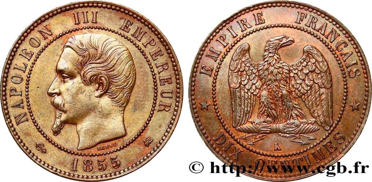 Dix centimes Napoléon III, tête nue 1855 Bordeaux F.133/29 AU55 