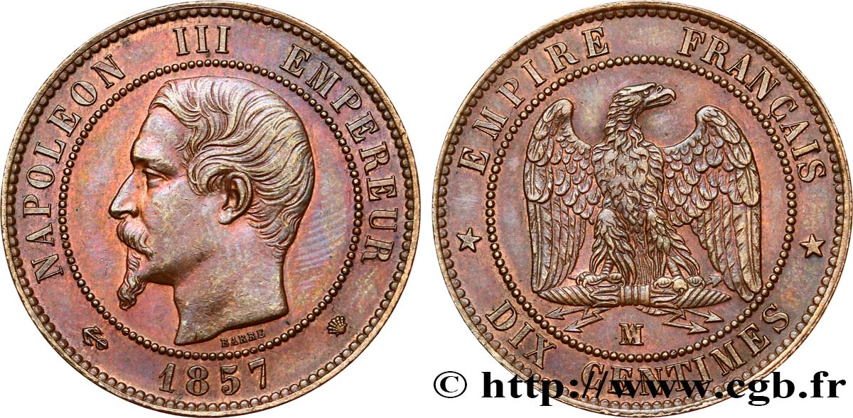 Dix centimes Napoléon III, tête nue 1857 Marseille F.133/45 MBC54 