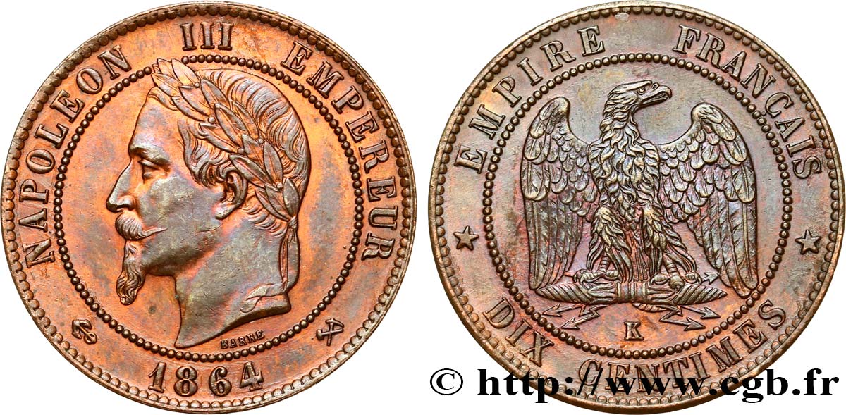 Dix centimes Napoléon III, tête laurée 1864 Bordeaux F.134/15 AU58 