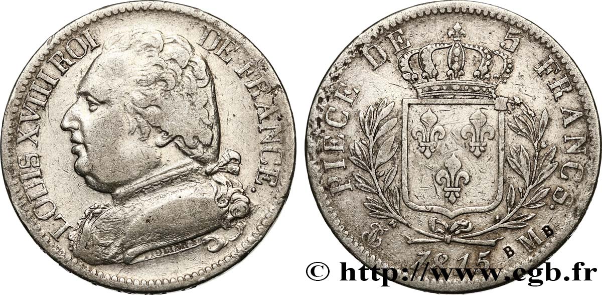 5 francs Louis XVIII, buste habillé 1815 Toulouse F.308/25 VF25 