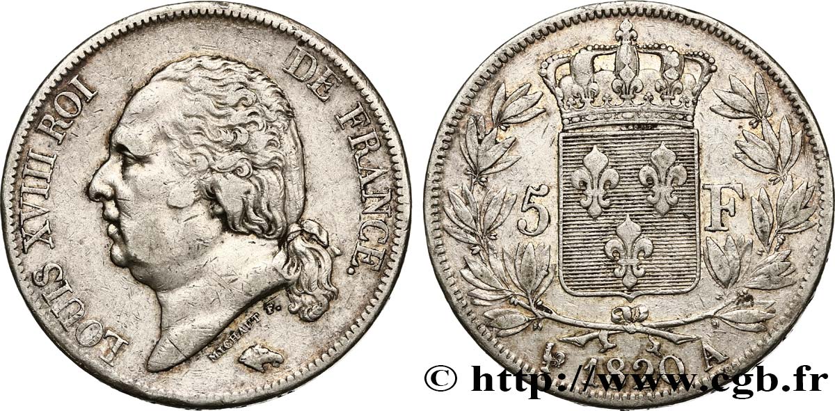 5 francs Louis XVIII, tête nue 1820 Paris F.309/49 S35 