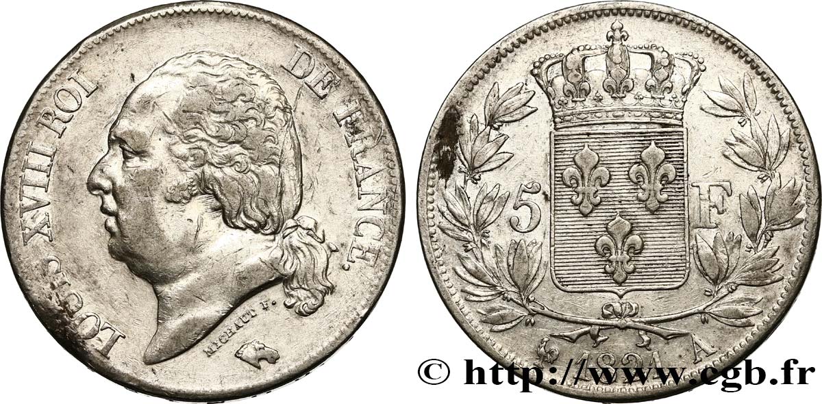 5 francs Louis XVIII, tête nue 1821 Paris F.309/60 TTB40 