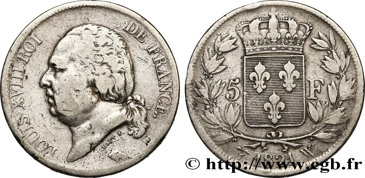 5 francs Louis XVIII, tête nue 1821 Lille F.309/67 S20 