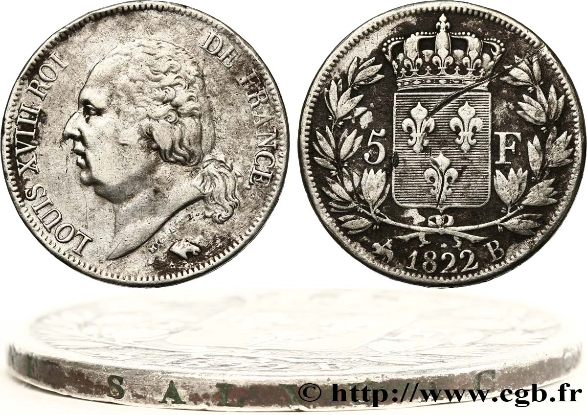 5 francs Louis XVIII, tête nue 1822 Rouen F.309/70 BC 