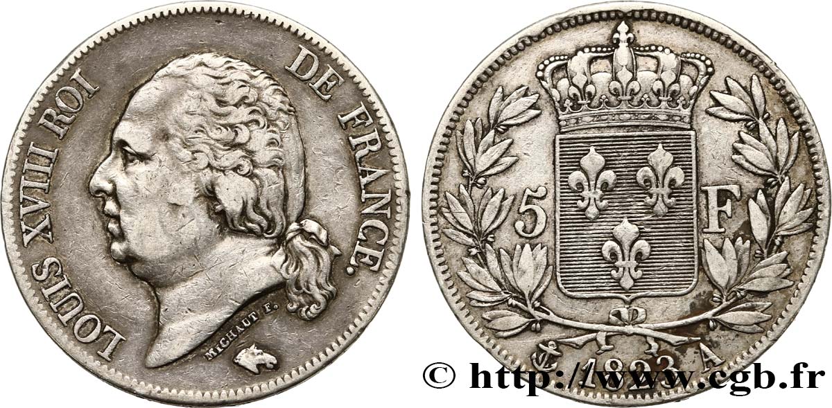 5 francs Louis XVIII, tête nue 1823 Paris F.309/76 S30 
