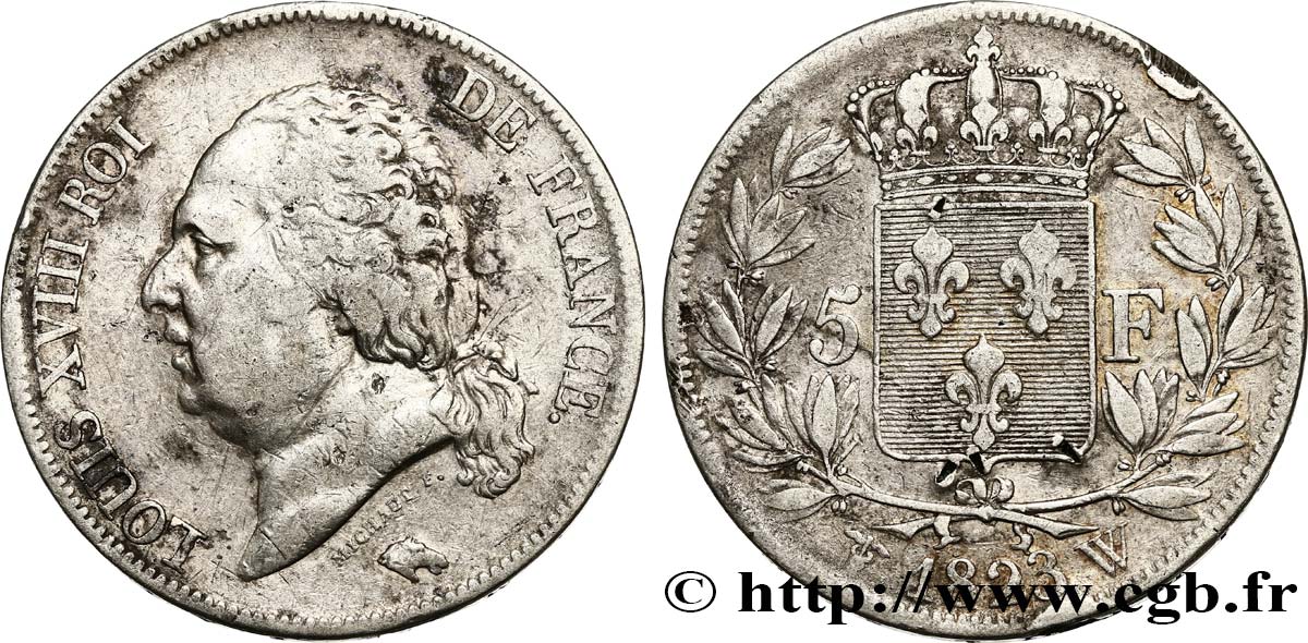 5 francs Louis XVIII, tête nue 1823 Lille F.309/87 VF 