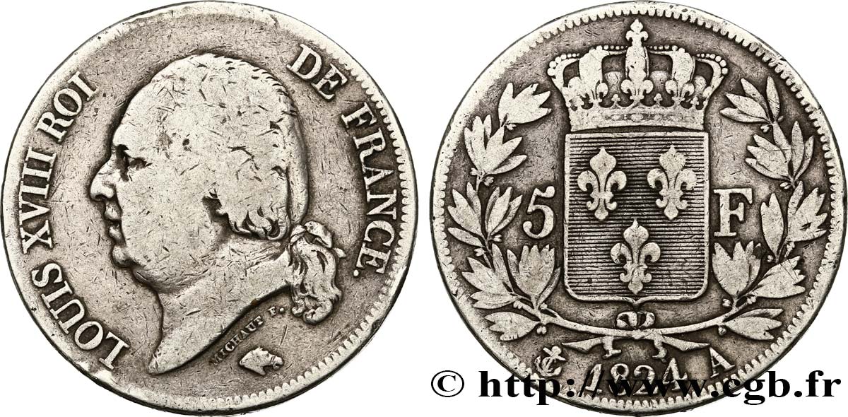 5 francs Louis XVIII, tête nue 1824 Paris F.309/88 BC15 