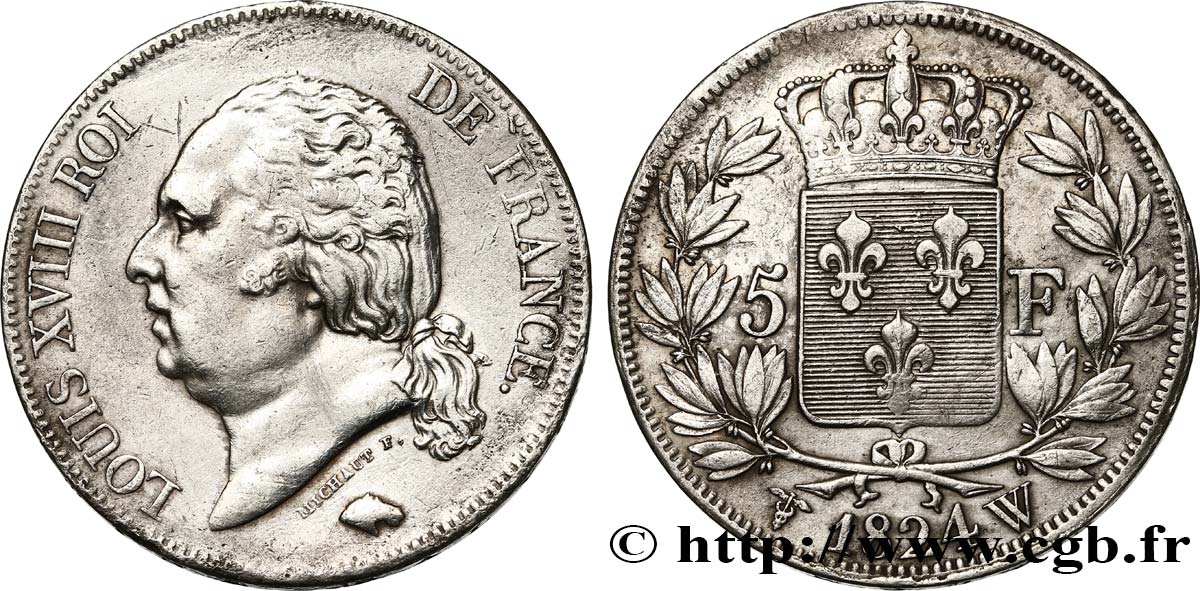 5 francs Louis XVIII, tête nue 1824 Lille F.309/98 SS 