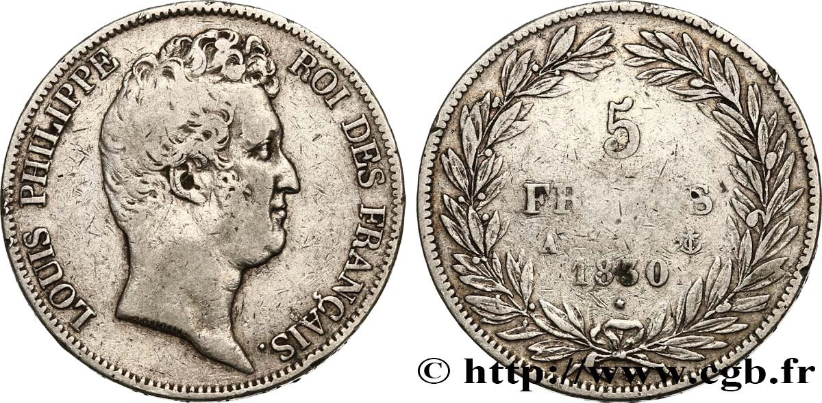 5 francs type Tiolier sans le I, tranche en creux 1830 Paris F.313/1 BC25 
