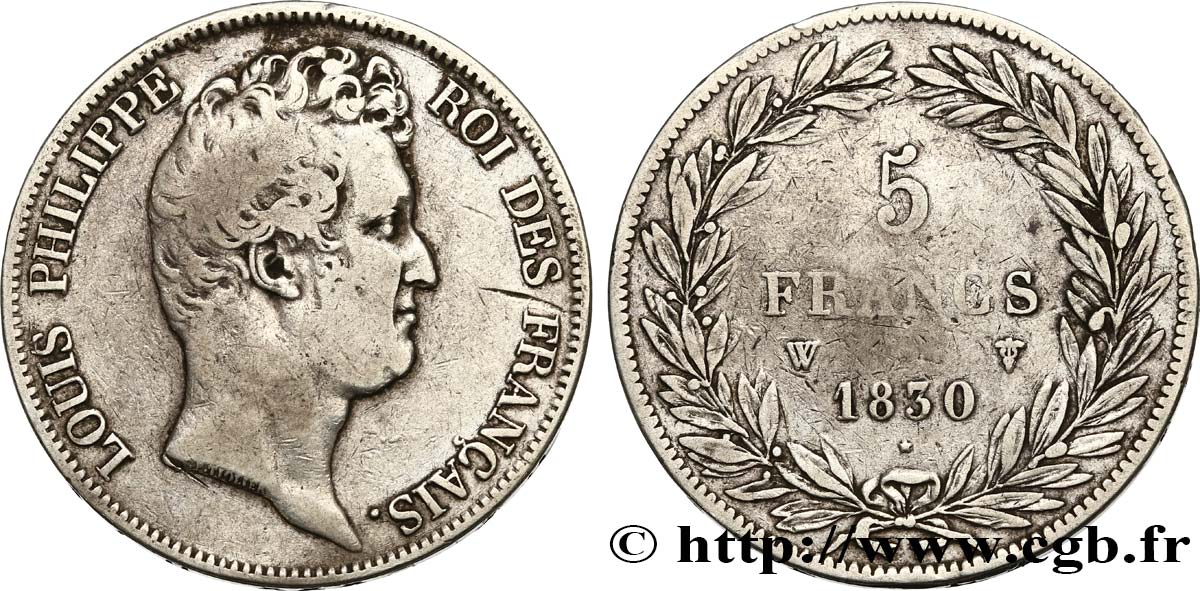 5 francs type Tiolier sans le I, tranche en creux 1830 Lille F.313/4 TB25 
