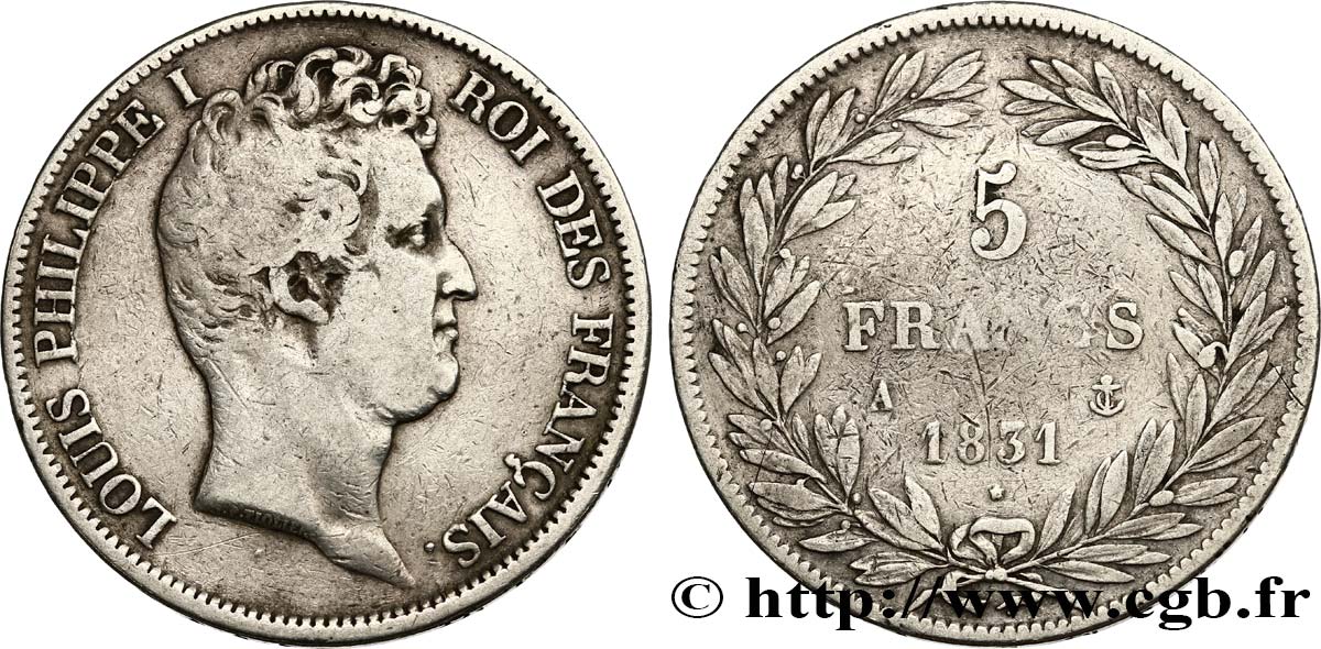 5 francs type Tiolier avec le I, tranche en creux 1831 Paris F.315/14 S25 