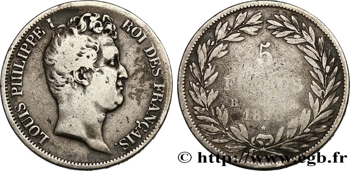 5 francs type Tiolier avec le I, tranche en creux 1830 Rouen F.315/2 MB20 