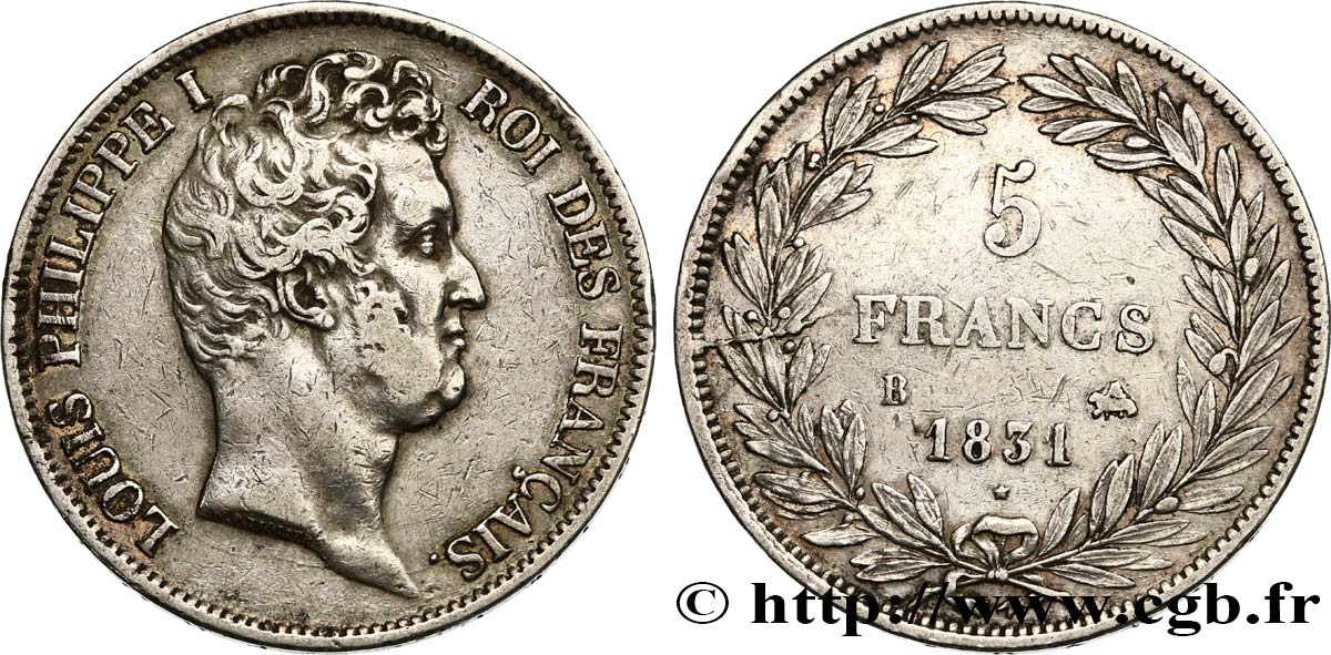 5 francs type Tiolier avec le I, tranche en creux 1831 Rouen F.315/15 XF45 