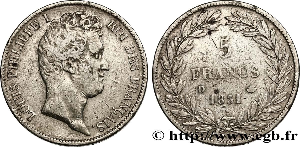 5 francs type Tiolier avec le I, tranche en creux 1831 Lyon F.315/17 TB30 