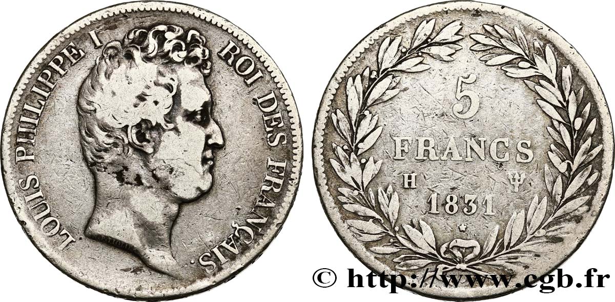 5 francs type Tiolier avec le I, tranche en creux 1831 La Rochelle F.315/18 MB 