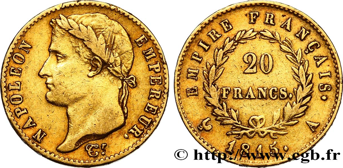 20 francs or Napoléon tête laurée, Cent-Jours 1815 Paris F.516A/1 VF35 