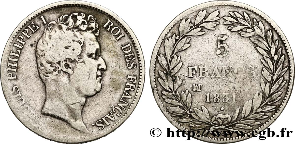 5 francs type Tiolier avec le I, tranche en creux 1831 Marseille F.315/23 VF20 