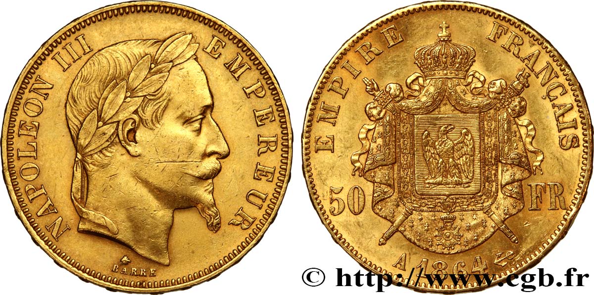 50 francs or Napoléon III, tête laurée 1864 Paris F.548/4 MBC 