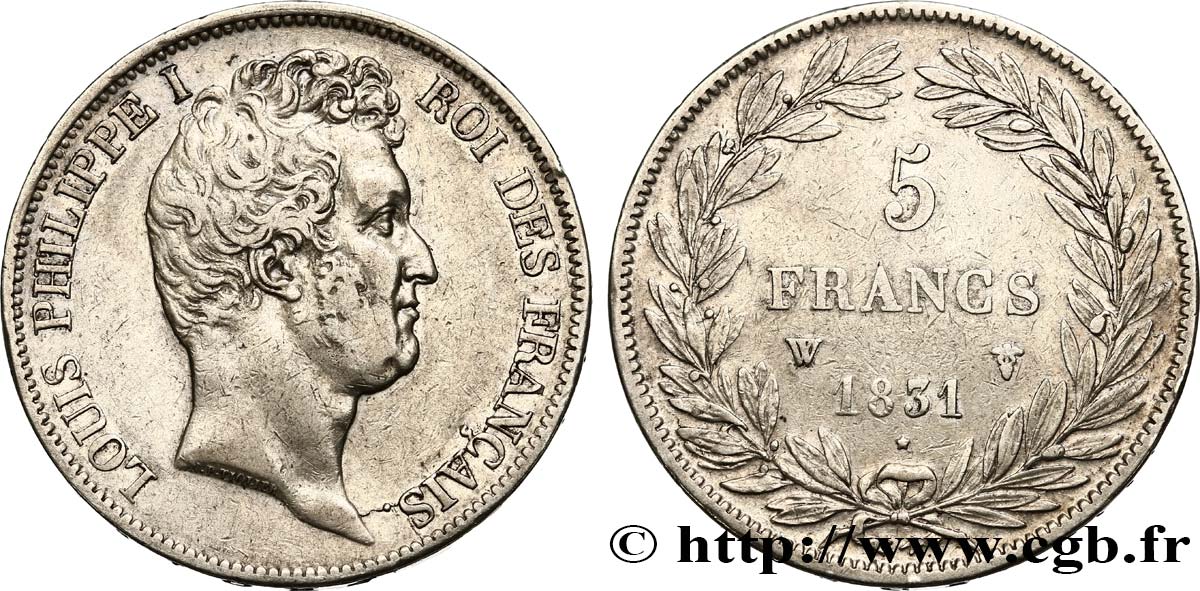 5 francs type Tiolier avec le I, tranche en creux 1831 Lille F.315/27 MBC40 