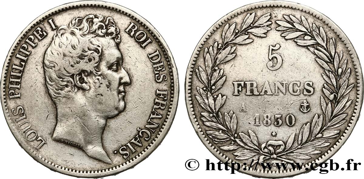 5 francs type Tiolier avec le I, tranche en relief 1830 Paris F.316/1 BC+ 