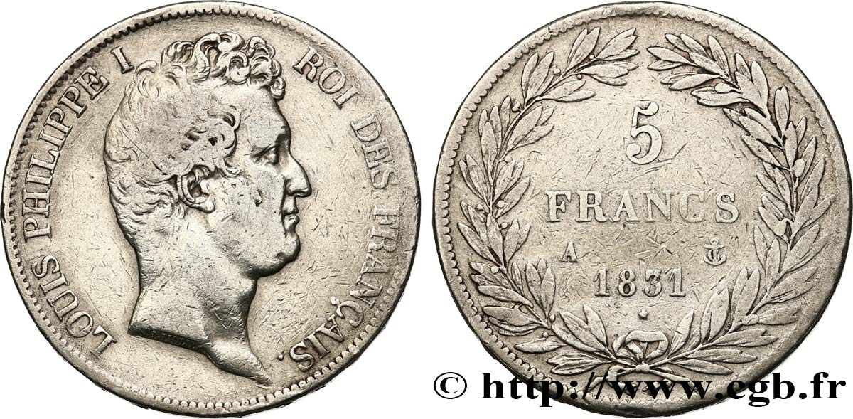 5 francs type Tiolier avec le I, tranche en relief 1831 Paris F.316/2 TB 
