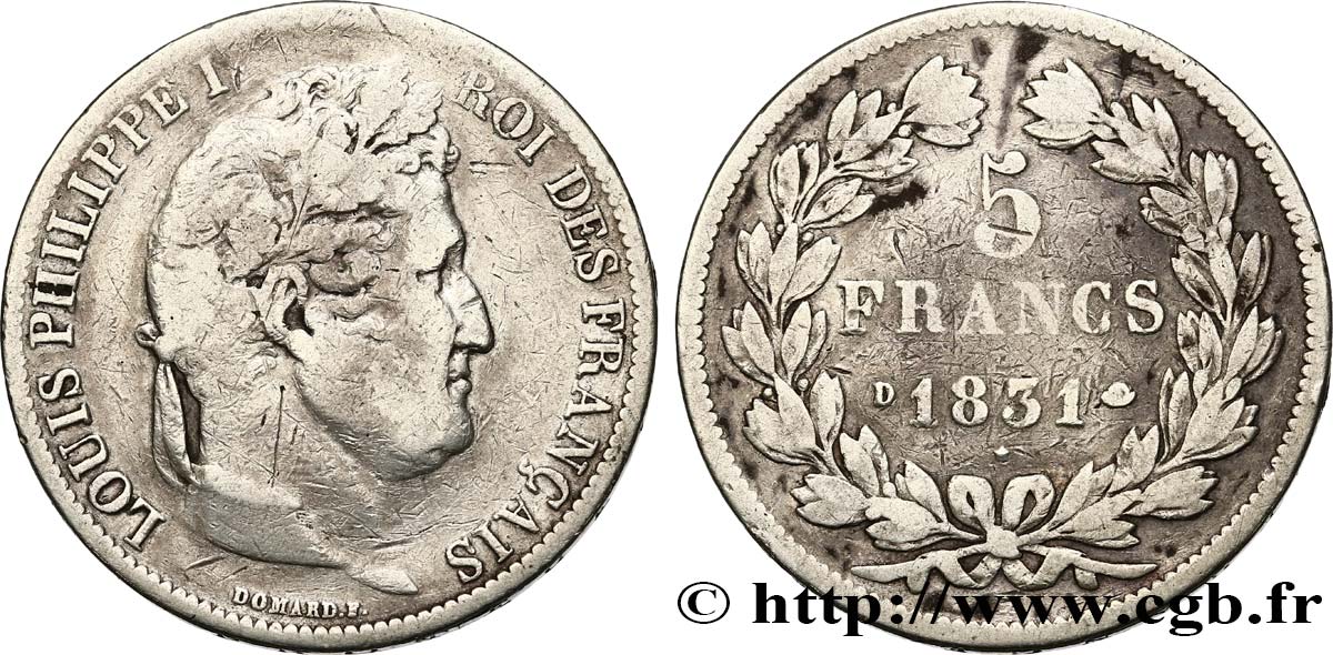 5 francs Ier type Domard, tranche en creux 1831 Lyon F.319/2 B12 